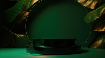 Two-layer green round glossy podium with dappled sunlight, leaf shadow on matte dark green abstract wall with space in background for luxury beauty - Generative AI