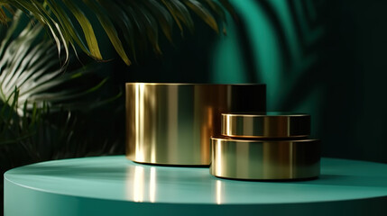 Two layers of shiny steel gold round podium on brown table counter in dappled sunlight, leaf shadow on mint green wall background for luxury beauty - Generative AI