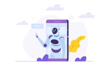 Chatbot concept. Man talking to robot. Customer support service android,  artificial intelligence dialog .