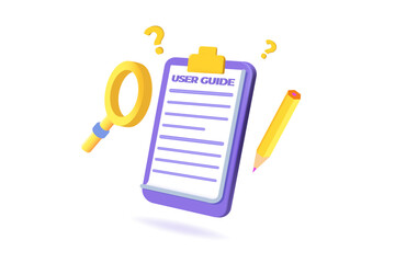 3d User manual  concept. People with guide instruction are discussing about content of handbook. 3d realistic vector illustration.