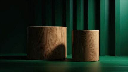 Two round, brown wooden cylinder podiums on different levels in sunlight on dark green wall background for luxury organic cosmetic - Generative AI