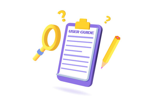 3d User manual  concept. People with guide instruction are discussing about content of handbook. 3d realistic vector illustration.