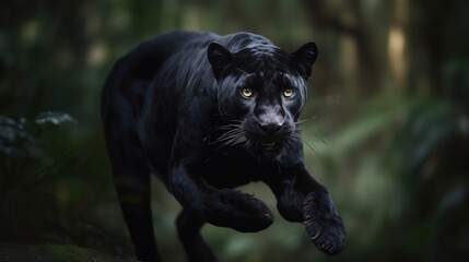 Naklejka na ściany i meble Graceful Leap, Black Panther in the Jungle. Generative AI