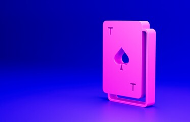 Pink Playing card with spades symbol icon isolated on blue background. Casino gambling. Minimalism concept. 3D render illustration
