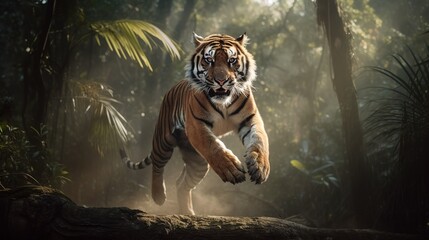 Majestic Tiger in Leap. Generative AI - obrazy, fototapety, plakaty