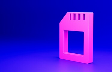 Pink SD card icon isolated on blue background. Memory card. Adapter icon. Minimalism concept. 3D render illustration