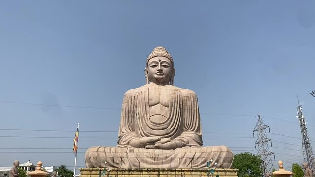 Wide shot of Bodh Gaya, Bihar, Seat of Enlightenment, Great Buddha Statue, Mahabodhi Temple Complex