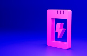 Pink Battery for camera icon isolated on blue background. Lightning bolt symbol. Minimalism concept. 3D render illustration