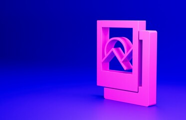 Pink Photo frame icon isolated on blue background. Vintage empty photos frame. Minimalism concept. 3D render illustration