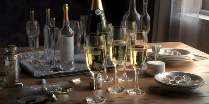 An elegant table setting with champagne glasses and party one Generative AI