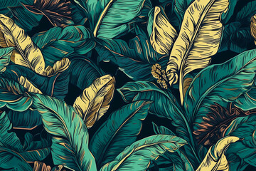 Hand-drawn tropical foliar seamless pattern. Botanic illustration. Generative AI