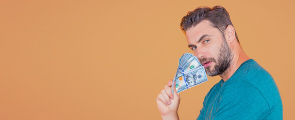 Business man with money banknotes. Male entrepreneur with dollar bills. Lucky boss, insurance agent, manager. Freelancer with cash. Boss, director owner concept. Money for small business.