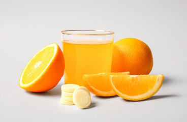 Glass of vitamin C effervescent tablet dissolved in water and oranges on grey background