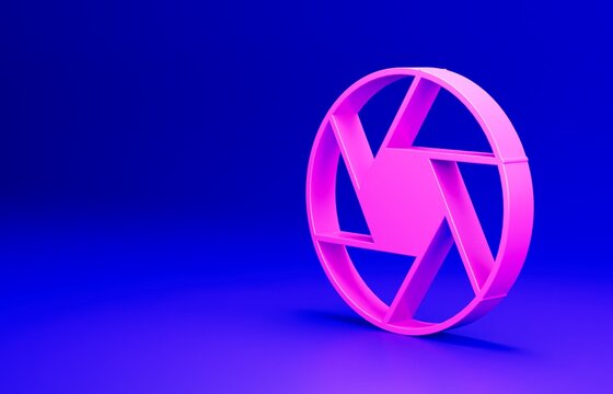 Pink Camera shutter icon isolated on blue background. Minimalism concept. 3D render illustration