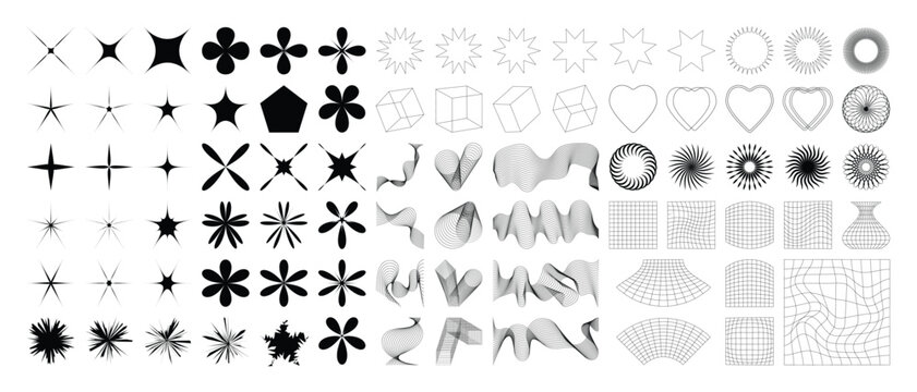 Set of geometric shapes in trendy 90s style. Black trendy design with frame, sparkles, heart, flower, star, lines. Y2k aesthetic element illustrated for banners, social media, poster design, sticker.