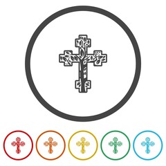 Obraz premium Christian cross in the form of a tree icon.. Set icons in color circle buttons