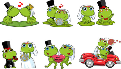 Fototapeta premium Cute Frogs Cartoon Characters Newlyweds. Vector Hand Drawn Collection Set Isolated On Transparent Background