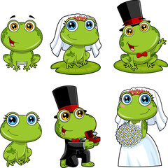 Fototapeta premium Cute Frogs Cartoon Characters Newlyweds. Vector Hand Drawn Collection Set Isolated On Transparent Background