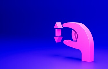 Pink Human standing and showing the size of something with his hands icon isolated on blue background. Approximate measurements. Minimalism concept. 3D render illustration