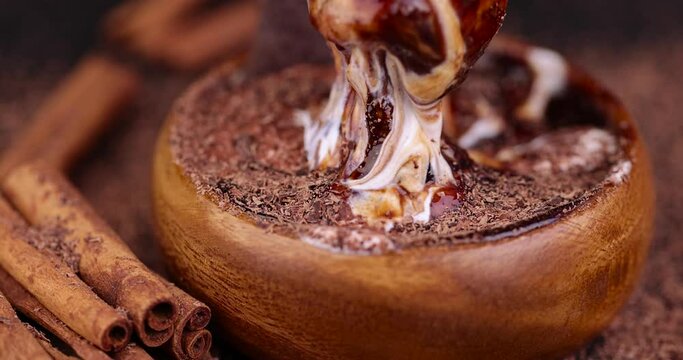 Milk sweet yogurt with bifidobacteria and chocolate addition, delicious sweet chocolate taste of fresh yogurt