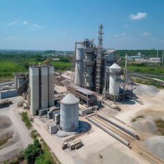 Aerial view cement plant and ready mix concrete, Plant for the production of cement and dry mortar for the construction industry, Crushing the stones for the cement production. generative ai