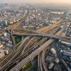 Fototapeta premium aerial view of the City's highway and overpass intersection. generative ai