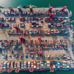 Fototapeta na wymiar Aerial view of an industrial crane cargo freight container ship transporting containers for import and export, business logistics and transportation by container ship in open sea. generative ai