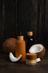 Fototapeta na wymiar Concept of body and skin care accessories - coconut cosmetic