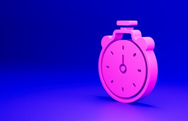 Pink Stopwatch icon isolated on blue background. Time timer sign. Chronometer sign. Minimalism concept. 3D render illustration