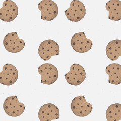 Bitten chocolate chip cookie seamless pattern, vector illustration
