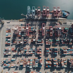 Plakat Container ships are used in import and export as well as commercial logistics.Crane, Trade Port, Shipping, and Cargo to Harbor. Transportation on a global scale. generative ai