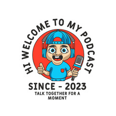 Vector illustration of male logo mascot wearing hat and holding mic