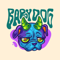 Baby dog head with horns vector colorful illustration