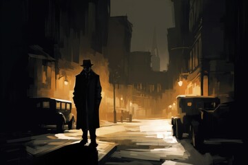Expressionistic street scene at night, featuring a lone figure with a fedora hat and long coat standing under a streetlamp with an eerie glow. Generative AI
