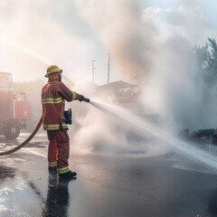 Fireman or Firemen in fire fighting equipment, Firefighter using extinguisher and spray water from hose for fire fighting, Brave firman firefighter spraying high pressure water to fire. generative ai
