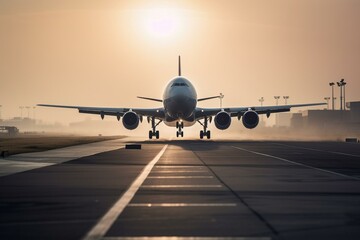 Fototapeta na wymiar An aircraft departs from the airport's runway. Generative AI