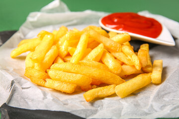 Baking paper with tasty french fries and ketchup on green background, closeup
