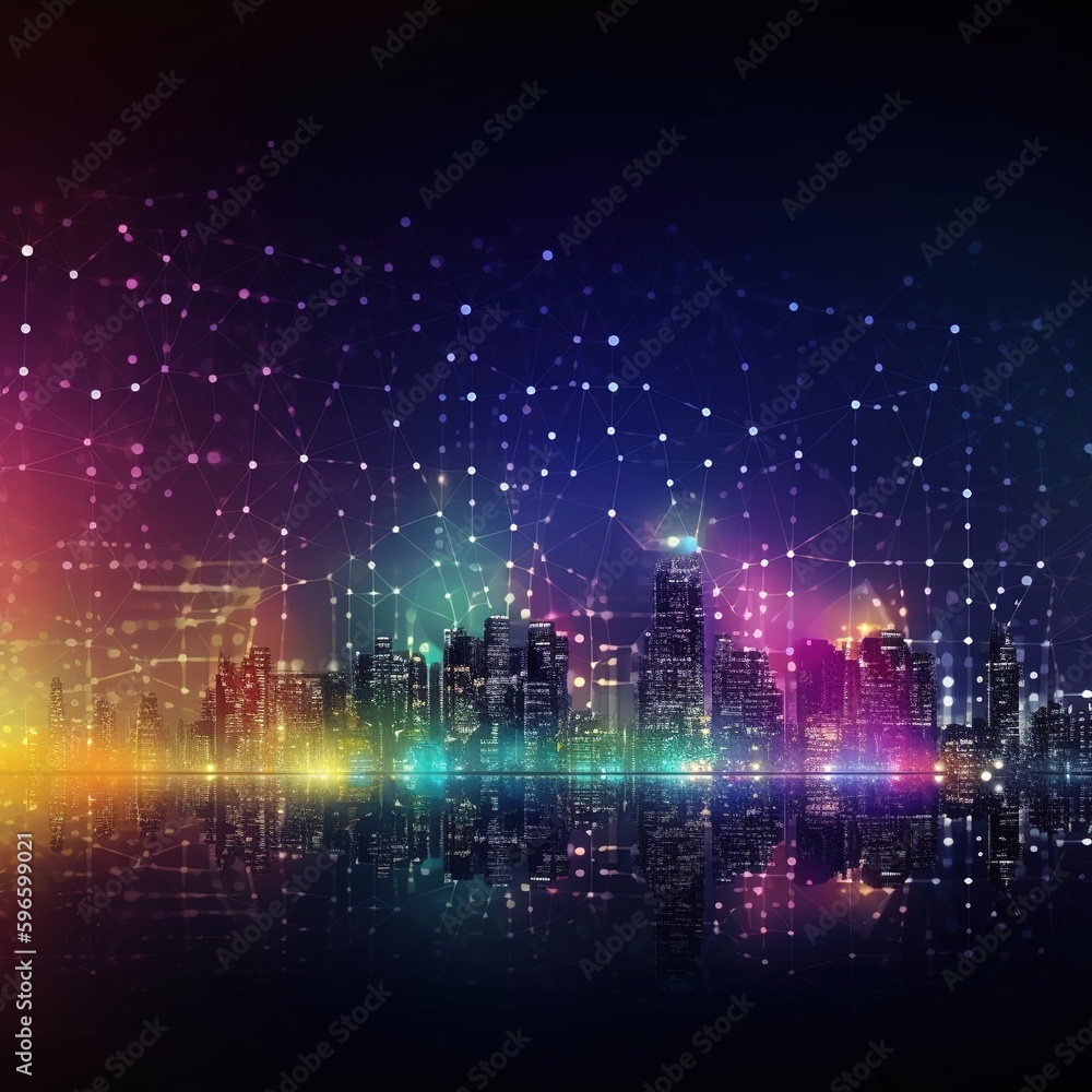 Poster smart city and abstract dot point connect with gradient line. generative ai
