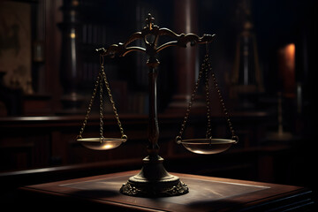 Scales of Justice in the dark Court Hall. Blurred background, defocused bokeh. Symbol of the measure of a case's support and opposition in a court of law. Image is AI generated.