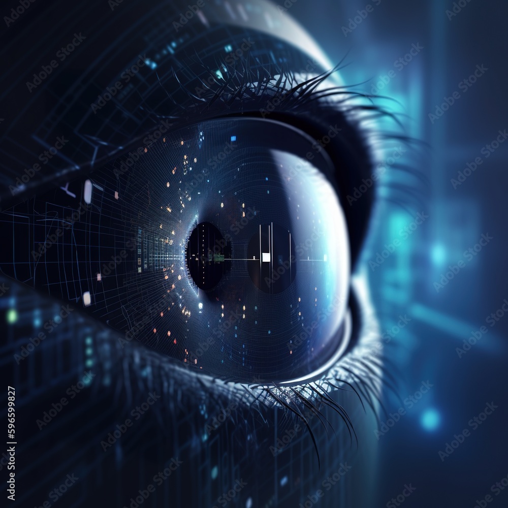 Poster futuristic data display panel with an eye on a deep blue background. generative ai