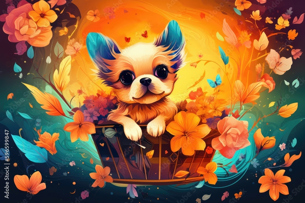 Sticker Illustration cartoon. Hard edge painting. Cute puppy sitting in a basket, surrounded by colorful flowers and butterflies. Generative AI