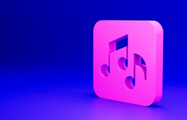 Pink Music note, tone icon isolated on blue background. Minimalism concept. 3D render illustration