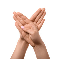 Woman making heart with her hands on white background