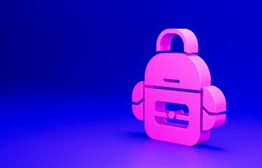 Pink School backpack icon isolated on blue background. Minimalism concept. 3D render illustration
