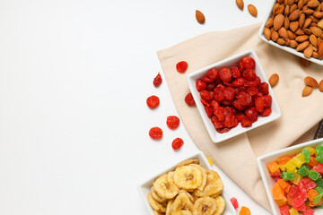 Tasty food concept - delicious dried fruits, space for text