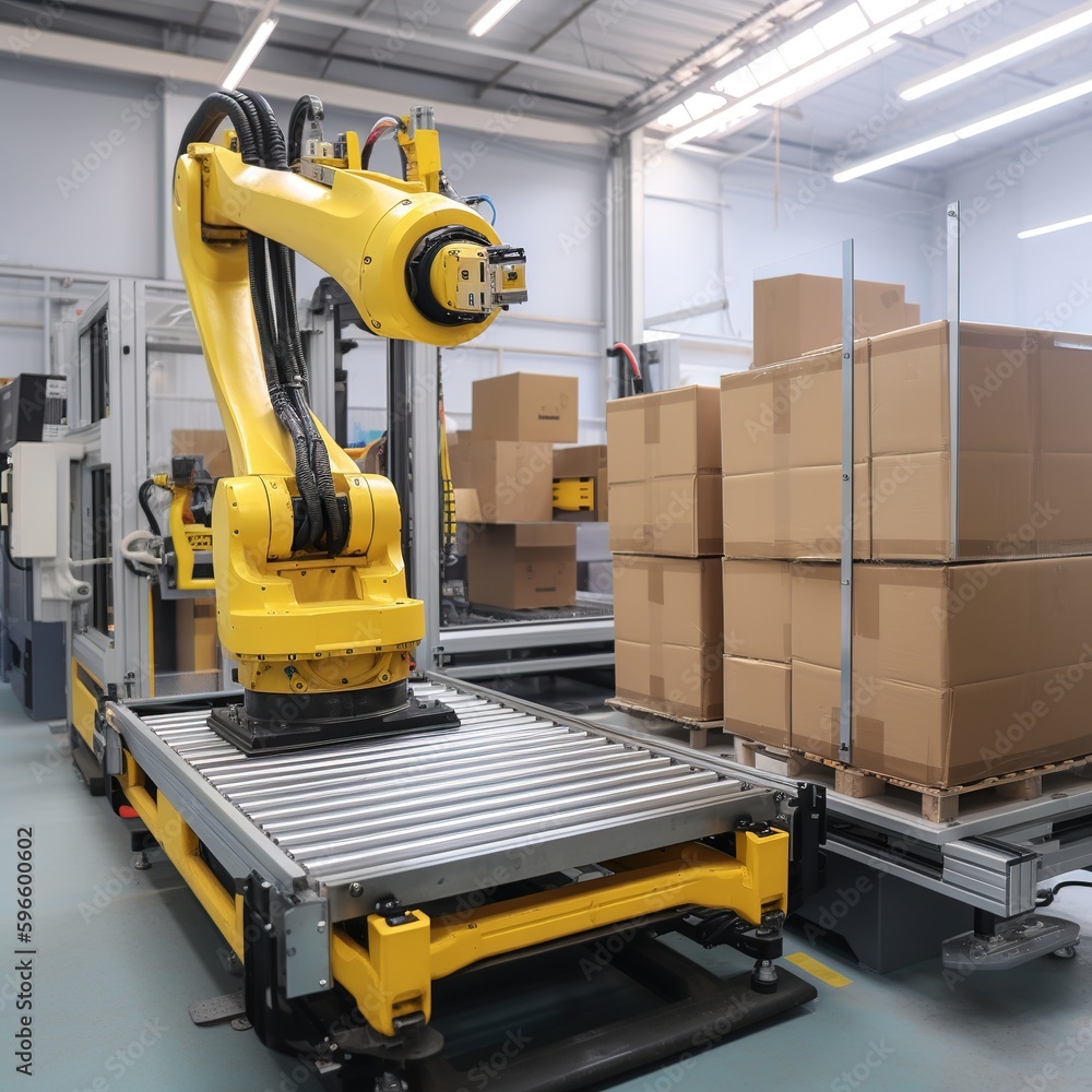 Poster robot for packaging with a logistics system for production and upkeep. generative ai