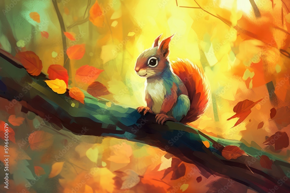 Poster Illustration cartoon. Hard edge painting. Playful little squirrel perched on a tree branch, with autumn leaves in the background and a warm. Generative AI