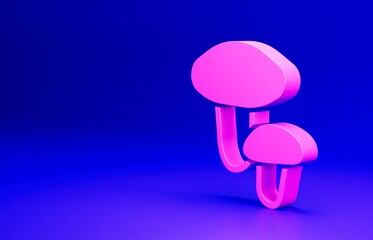 Pink Mushroom icon isolated on blue background. Minimalism concept. 3D render illustration