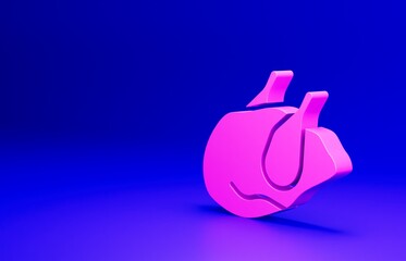 Pink Roasted turkey or chicken icon isolated on blue background. Minimalism concept. 3D render illustration