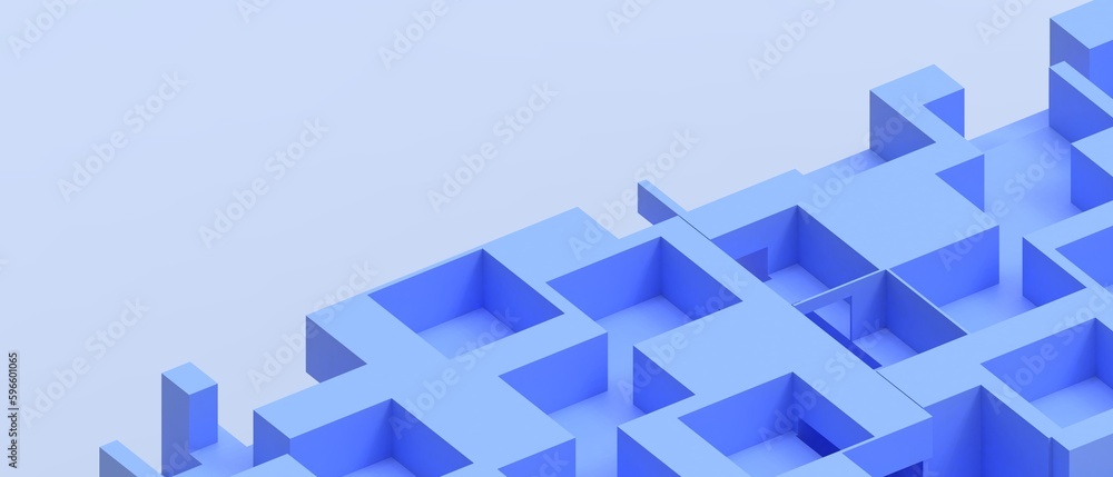 Poster business problem solving concept and blue maze with modular structure in isometric geometry. investm